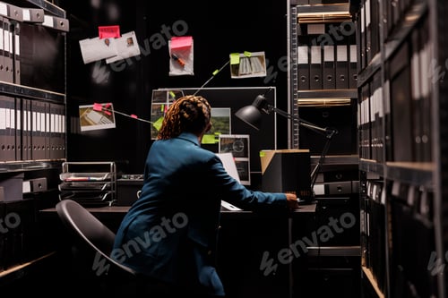 Preview: African american detective reviewing clues to solve crime case