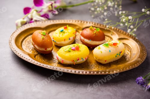 Preview: Malai Chop or Cream sandwich made using filling Rasgulla or Gulab jamun sweet is a Bengali sweet