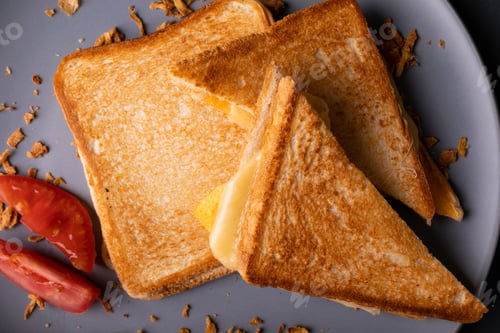 Preview: Directly above view of fresh cheese toast sandwich served with tomato slices served in plate