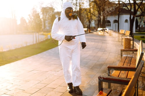 Preview: Man wearing protective suit disinfecting public places in the sun with spray chemicals. Covid -19.
