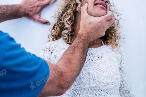 Preview: Man hold woman against the wall at home ready to beat up her in abuse violence aggression