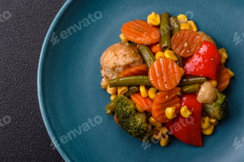 Preview: Delicious healthy vegetables steamed carrots, broccoli, asparagus beans and peppers