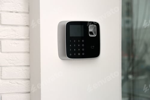 Preview: Modern alarm system with fingerprint scanner on white wall indoors