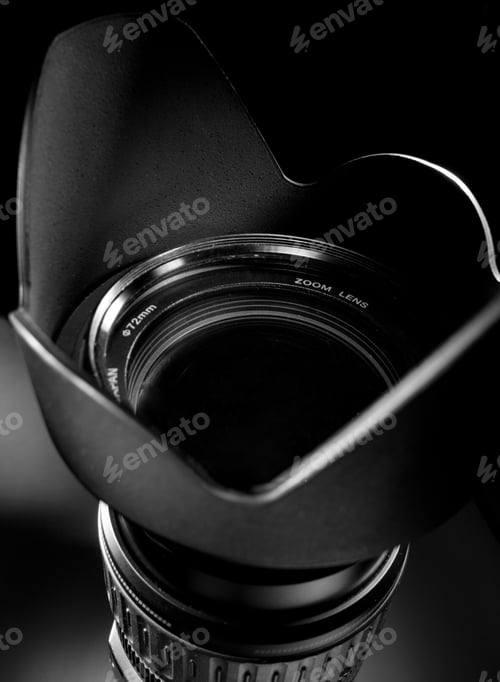 Preview: Close-Up Of Professional Camera Lens. In B/W