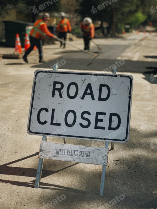 Preview: Road closed sign keeping traffic away while workers fix a residential street