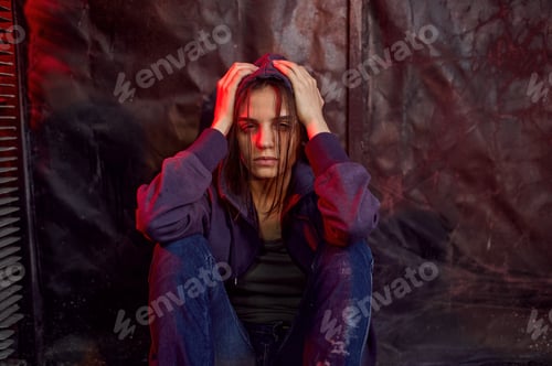 Preview: Drug addict female person in high, den