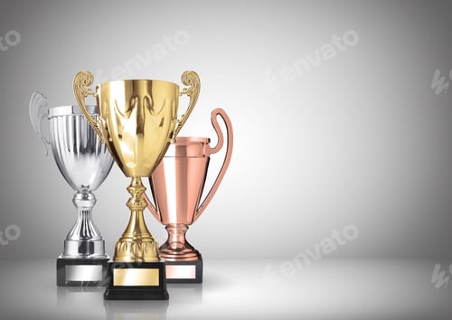 Preview: Shiny Gold Silver Bronze Trophies on Display