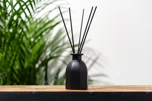 Preview: Black Reed Diffuser Bottle on Wooden Tabletop With Green Plant