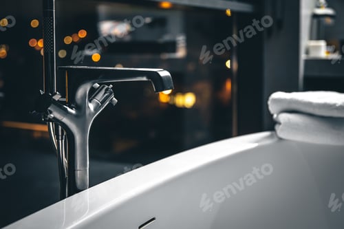 Preview: Steel faucet in the interior of a modern bathroom with a window.
