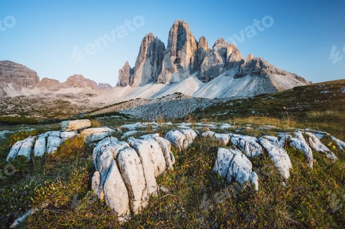 Preview: The Tre Cime di Lavaredo and stony plateau in the Sexten Dolomites of northeastern Italy