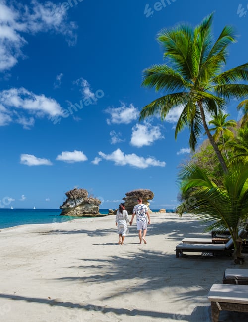 Preview: Anse Chastanet Beach St Lucia Caribbean Island, Tropical St Lucia, couple walking at the white beach