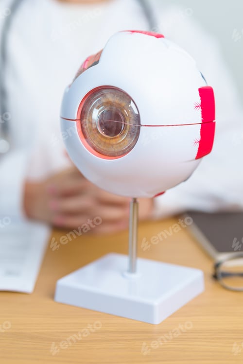 Preview: Doctor with human Eye anatomy model with magnifying glass.