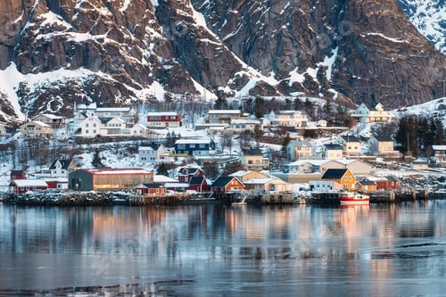 Preview: Traditional scandinavian fishing village and mountain on coastline in Norwegian sea on winter