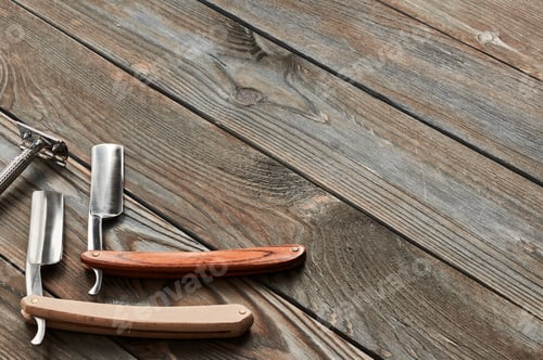 Preview: Vintage barber shop tools on wooden background