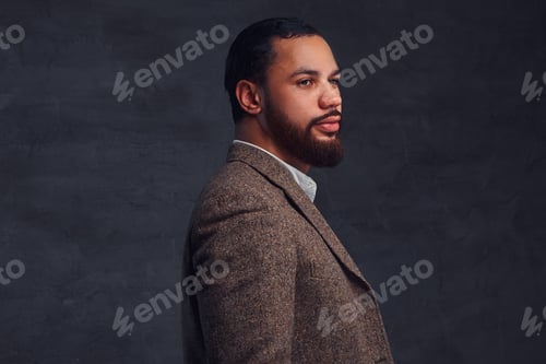 Preview: Handsome bearded African-American businessman in a brown classic jacket.