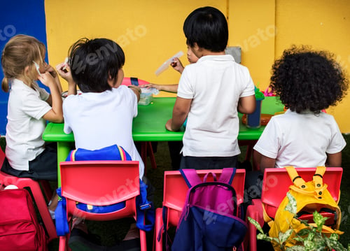 Preview: Group of Kindergarten Students Eating Food Lunch Break Together