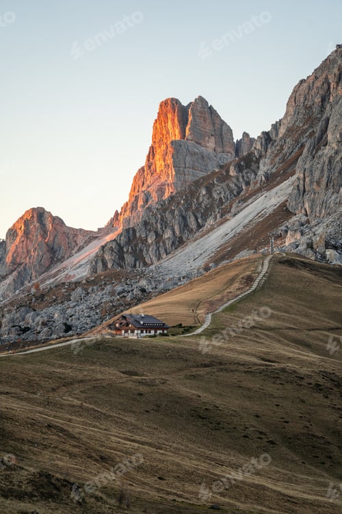 Preview: Sunset photo of mountain Nuvolau Averau, Passo Giau in Dolomites, Italy