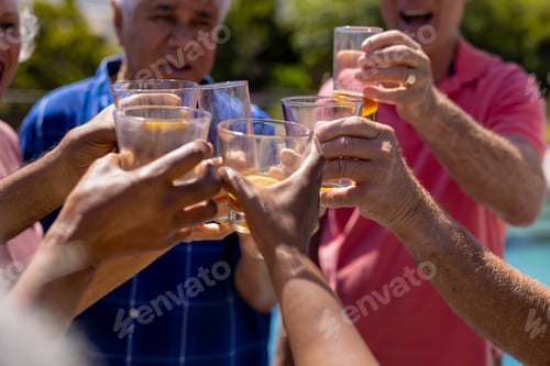 Preview: Happy senior diverse people making toast and smiling in garden