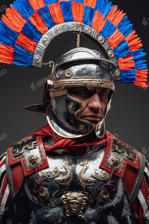 Preview: Roman centurion wearing steel armor against dark background