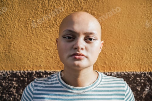 Preview: Bald girl posing in front of camera with yellow background - Focus on eyes
