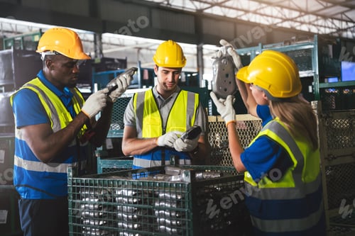 Preview: Group of Diverse Warehouse Workers Working Together to Quality Control in Factory