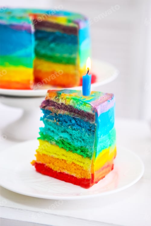 Preview: Rainbow cake decorated with birthday candle
