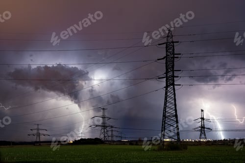 Preview: High voltage electrical mast with lightning storm over Prague, Czech republic