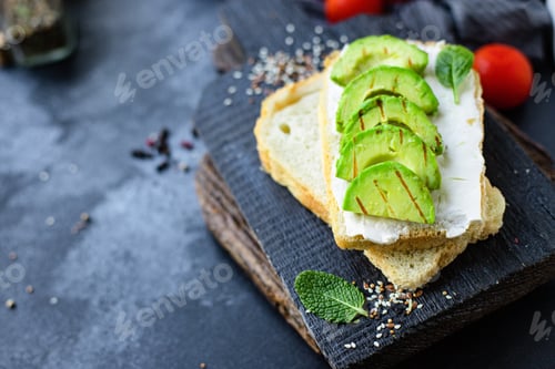 Preview: Fried Avocado Grill Sandwich Vegetarian Snack Or Light Breakfast Ready To Eat On The Table For