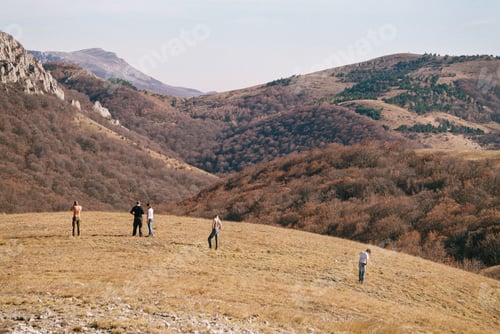 Preview: A group of tourists in the autumn mountain forest