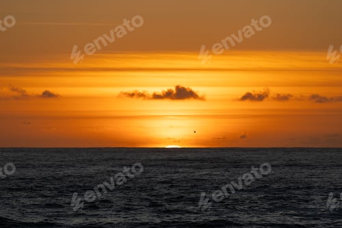 Preview: Warm golden sunset casting vibrant light over tranquil ocean, illuminating soft clouds