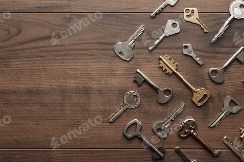 Preview: Many Different Keys On Wooden Table