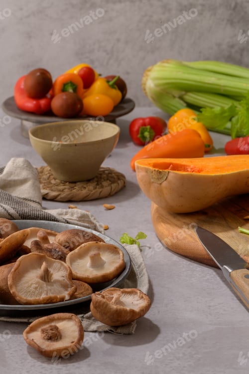 Preview: Autumn vegetables arranged on a kitchen worktop
