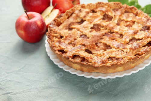 Preview: Freshly baked apple pie with red apples and leaves on green tablecloth