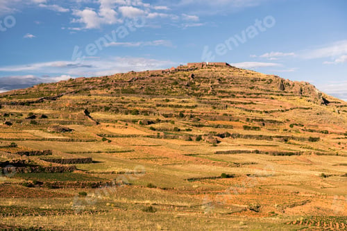 Preview: Inca Ruins on Pachatata (Father Earth) peak, Amantani Islands (Isla Amantani), Lake Titicaca, Peru,