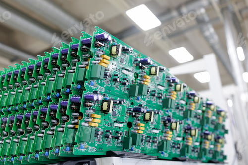 Preview: Rows of assembled power electronics circuit boards in modern manufacturing factory