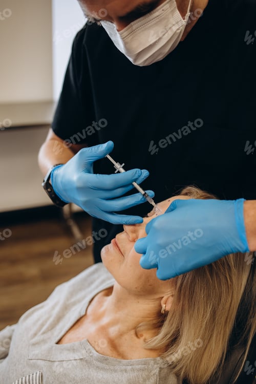 Preview: Plastic surgeon in protective gloves injecting face filler to senior woman over light studio