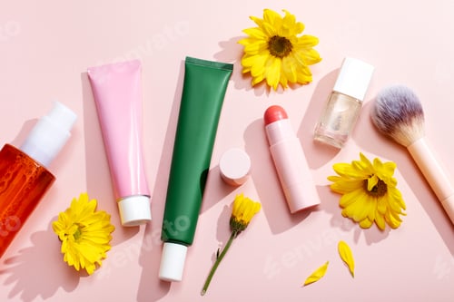 Preview: Beauty products with moisturizer, cleansing oil, makeup items on pastel background