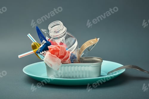 Preview: Open tin can on plate and fork. Plastic waste instead of fish inside Ocean plastic pollution concept