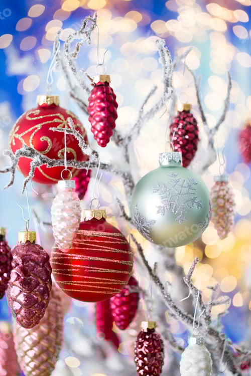 Preview: Christmas greeting card. Pine decoration on bokeh background. New Year concept. Copy space.