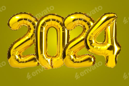 Preview: New Year 2024 celebration. Golden Yellow foil color balloons. 2024 balloons. On Yellow background