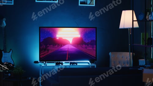 Preview: Empty stylish neon lit home studio interior illuminated with neon lights at night and artwork
