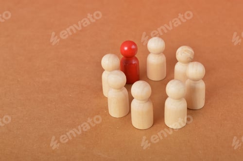 Preview: Group of wooden people in a circle shape. Good teamwork, new idea, business meeting, cooperation.