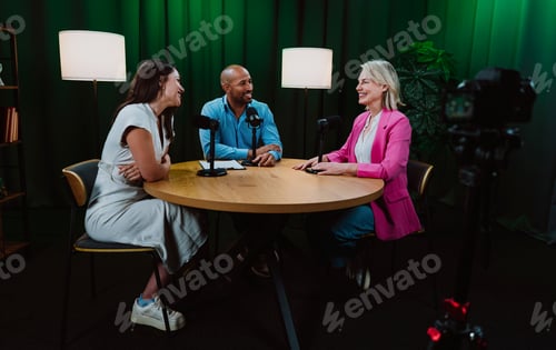 Preview: Group of three diverse hosts having a podcast discussion