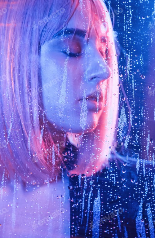Preview: Eyes are closed. Stylish woman with white hair is behind wet transparent plastic sheet