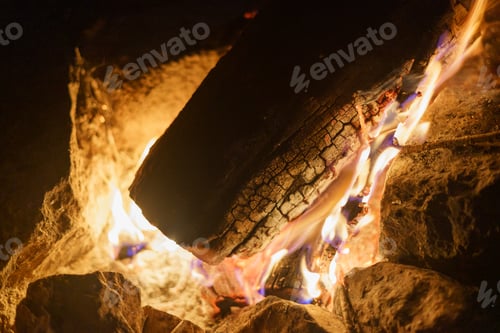 Preview: Fire burning wood at night. Camping Concept