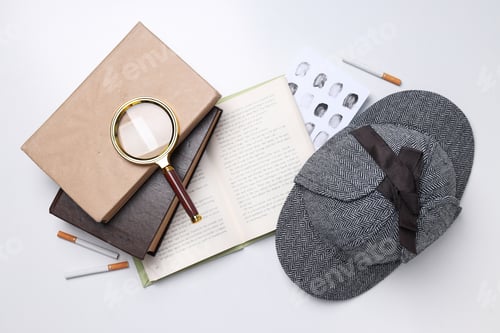 Preview: Magnifying glass with hat and books on white background