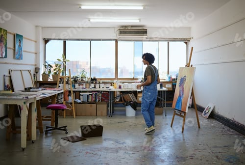 Preview: Canvas, woman artist and girl painter with painting for exhibition in studio, art gallery and workp