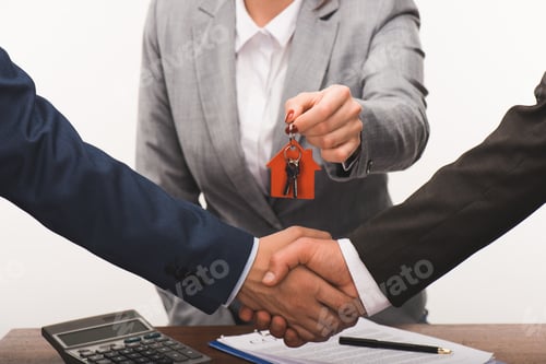 Preview: cropped image of costumer and estate agent shaking hands, realty buying concept isolated on white