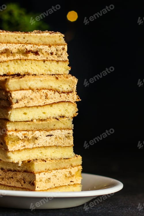 Preview: Cake, Sweet Dessert Sponge Cake Cream (Biscuit, Delicious Holiday Treat) Menu Concept. Food