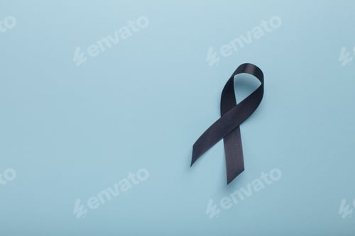 Preview: Black awareness ribbon Isolated on blue background